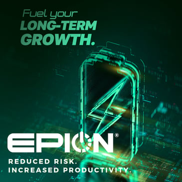 Glowing futuristic graphics of a battery with a lightning bolt, surrounded by digital elements. Text reads: Fuel your long-term growth. EPION. Tech acceleration, reduced risk, increased productivity. The design is dominated by green and blue tones.