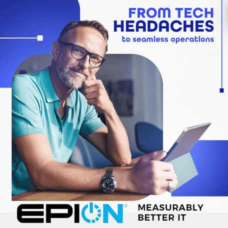 A man in glasses, wearing a teal shirt, sits confidently at a desk with a tablet. Text reads: From tech headaches to seamless operations and EPION: Measurably Better IT. As your go-to IT service provider, our modern style with blue accents ensures your business runs smoothly.