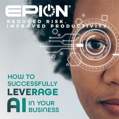 Cover design showcasing a close-up of a person's face entwined with digital graphics. Text reads: EPION: Reduced Risk. Improved Productivity. Mastering AI for Business Success.