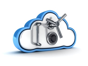 Illustration of cloud security and storage, showing a cloud with a lock symbol and data files inside.