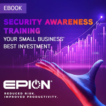 A vibrant graphic advertises an eBook on Security Awareness Training, perfect for small businesses venturing into the digitized world. Featuring a hand holding a rising line graph, it symbolizes growth and resilience against cybercriminals